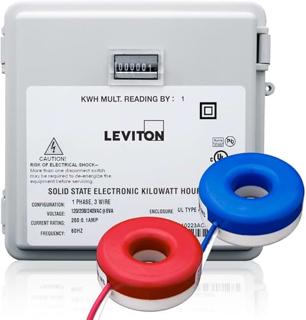 Leviton MO240-2SW Outdoor Surface Mount Mechanical Counter 120/208/240V 2P3W 200A with 2 Solid Core CTs Mini Meter Kit, Image