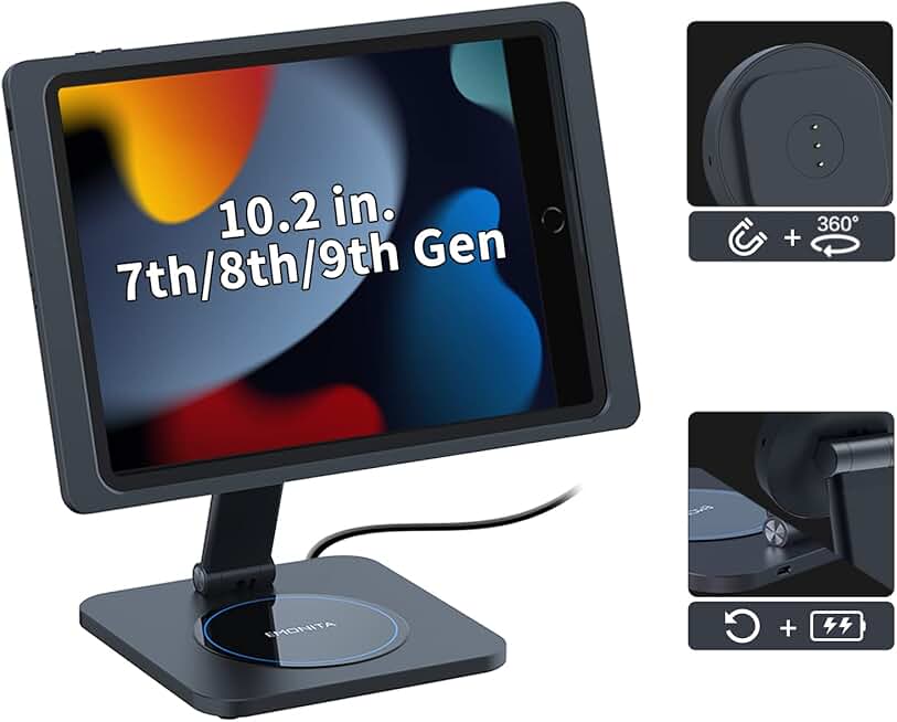 Magnetic Stand with Charging Case for iPad 10.2 Inch 7th / 8th / 9th Gen (2021/2020/2019). 18W USB C Fast Charging Cable Included, Foldable L Shape, Strong Magnets, 360 Rotation, 180 Tilt