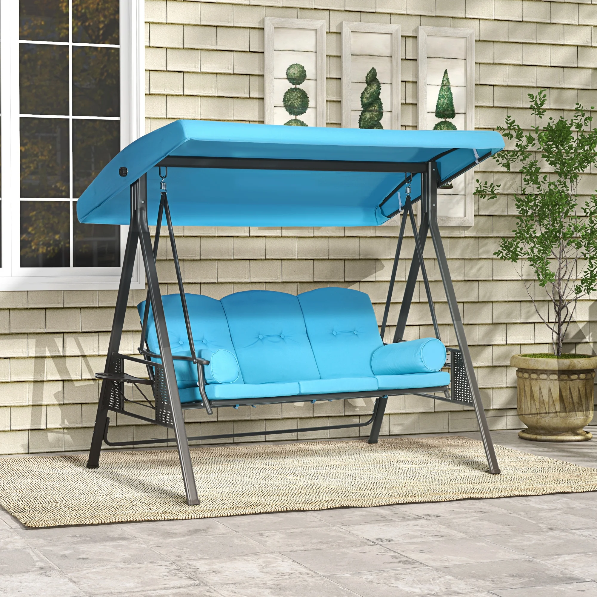 Outsunny 3-Seat Patio Swing w/ Tilt Canopy, Cushions & Cup Tray, Blue