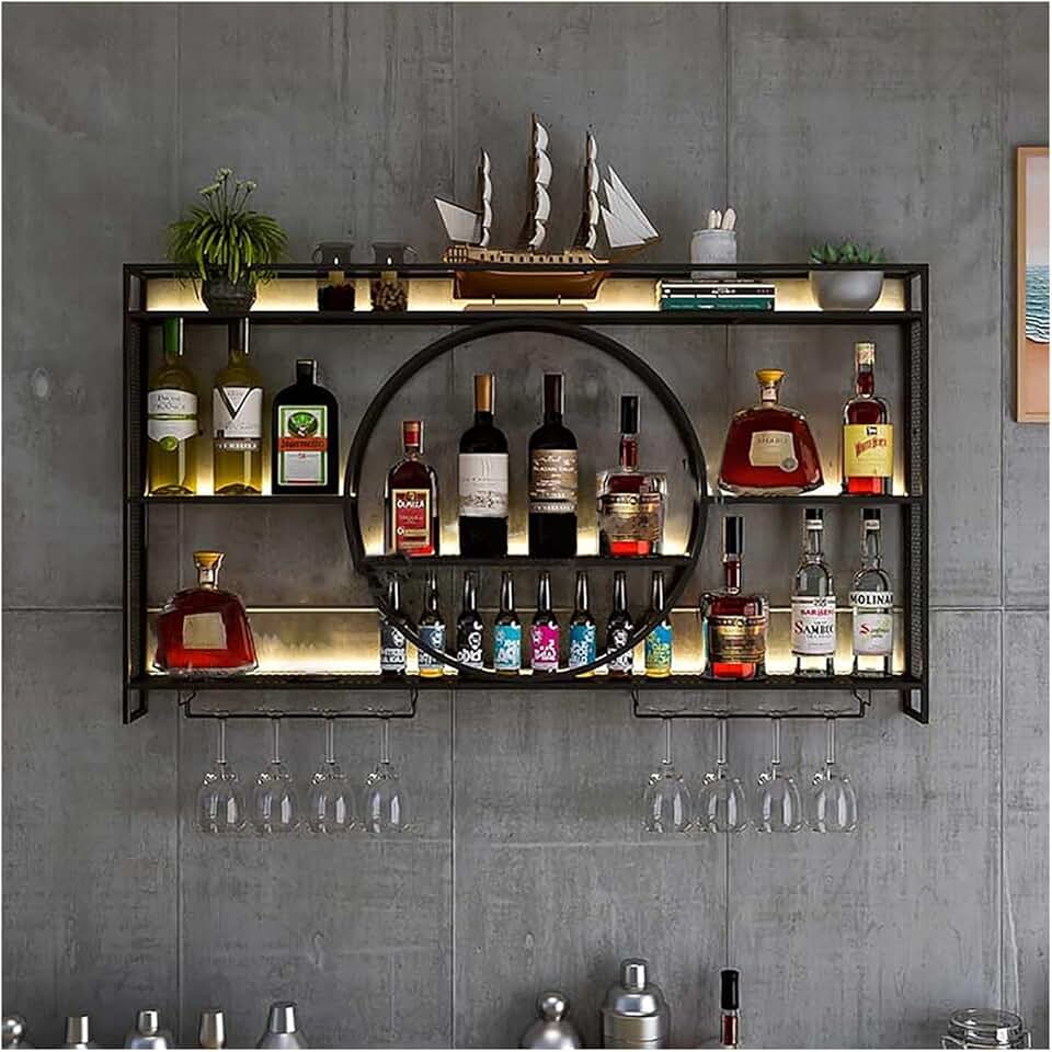Wine Rack Wall Mounted 3 Tier Metal, Floating Shelves For Kitchen With LED Light, Hanging Floating Bar Liquor Bottles Bar Wall Shelves, Liquor Bar Display Shelf, For Home Bars Kitchen(Black,140x80x15c