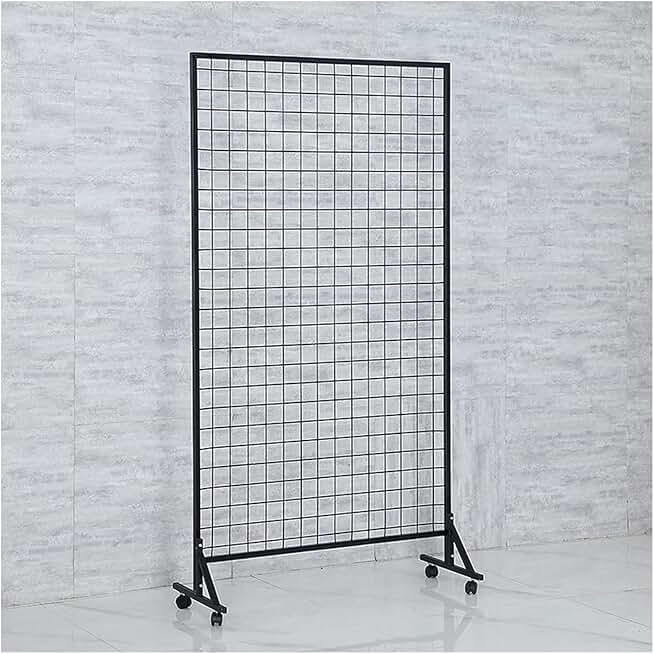 Gridwall Panels & Units, Floor Standing Mesh Display Panel with Wheels, Nursery Market Retail Shopfitting Storage Holder, Home Decorative Partition Screen (Color : Black, Size : 60x160CM)