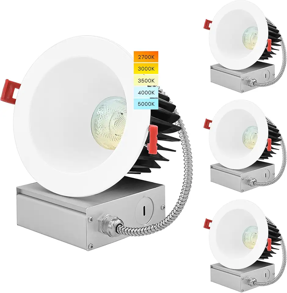 4 Inch LED Recessed Lighting with Junction Box, 18W, CRI 90, 5 Color Selectable 2700K-5000K, 1500 Lumens, Regressed LED Downlight, 40° Spotlight, Dimmable, Wet Rated, IC Rated (4 Pack)