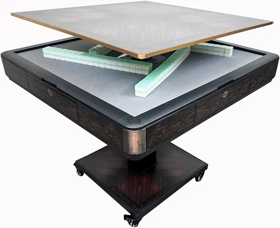 USA MJ Table Roller Coaster Style 40mm Chinese/Filipino/American Mahjong Folding Automatic Mahjong Table Wooden Color Ultra Thin 2 Set of Numbered Tiles &Table Dust Cloth