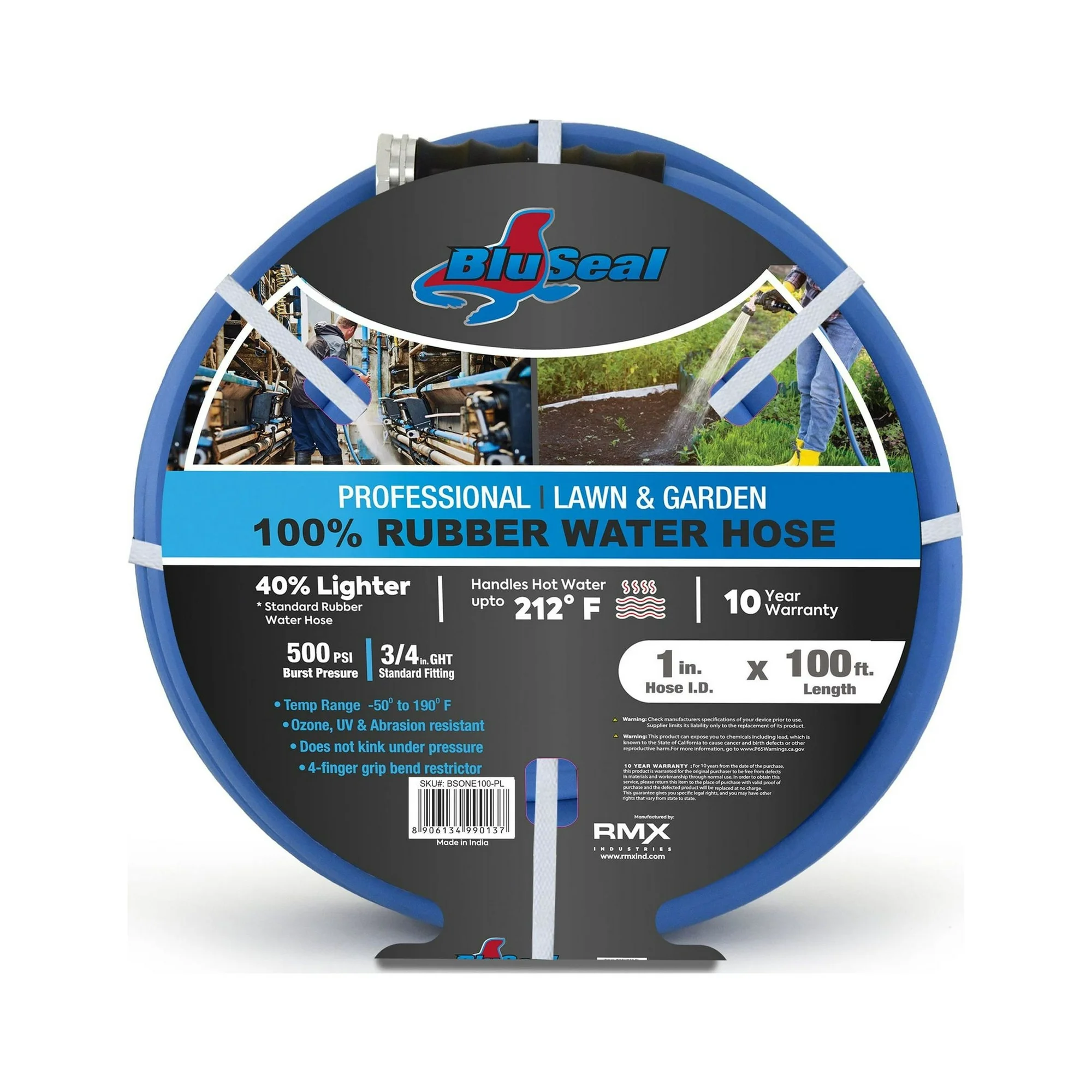 BluSeal Hot/Cold Water Rubber Garden Hose, 100% Rubber, Ultra-Light, Super Strong, 500 PSI, -50F to 190F Degrees, High Strength Polyester Braided (1