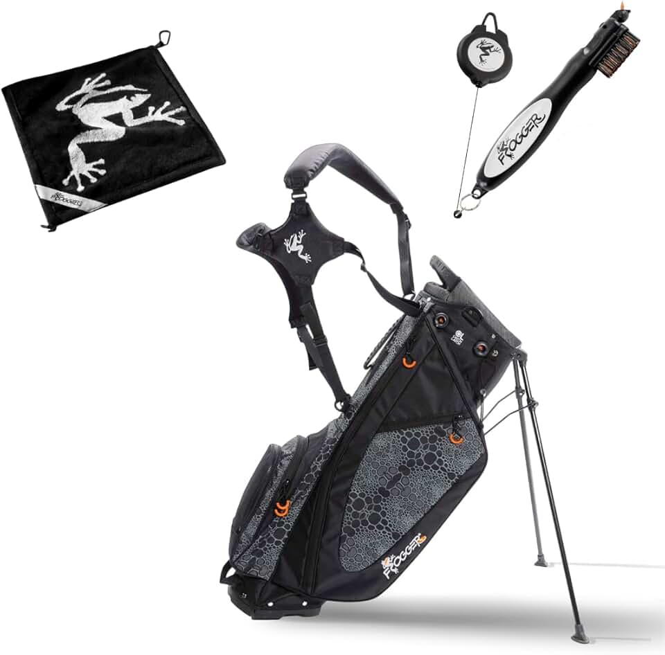 Frogger BrushPro, Amphibian Towel, & Function Hybrid Golf Bag Bundle - Ultra Lightweight Bag with Integrated Latch-It Receivers, Ergonomic Golf Club Brush, Wet and Dry Golf Towel - Black