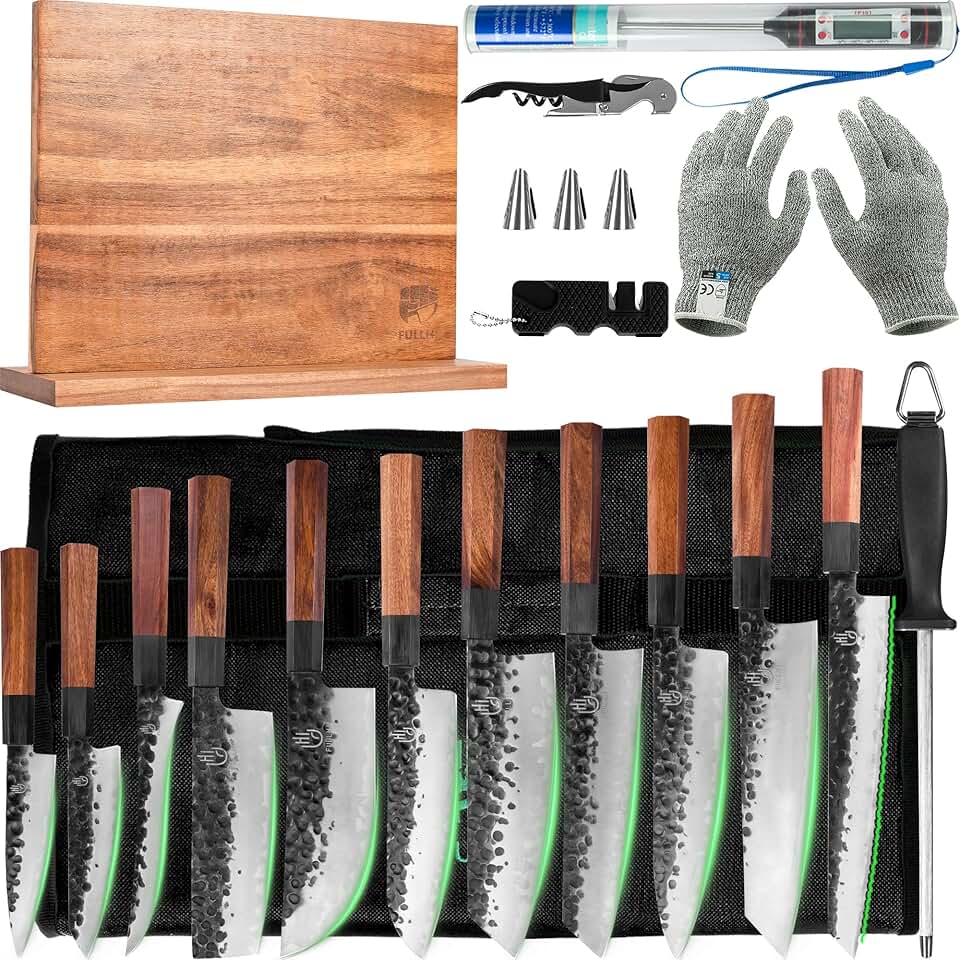 FULLHI 18pcs Gyuto Chef Knife set & Magnetic Knife Block Holder, 3 Layers 9CR18MOV High Carbon Meat Sushi Knife Rosewood Handle with knife bag