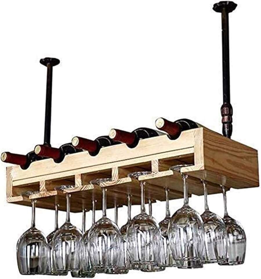 Hanging Wine Rack with Glass Holder and Shelf, Wine Lovers Bar Furniture& Modern Dining Room Ceiling Wine Racks Wall Mounted Wine Rack/Bottle and Glass Holder