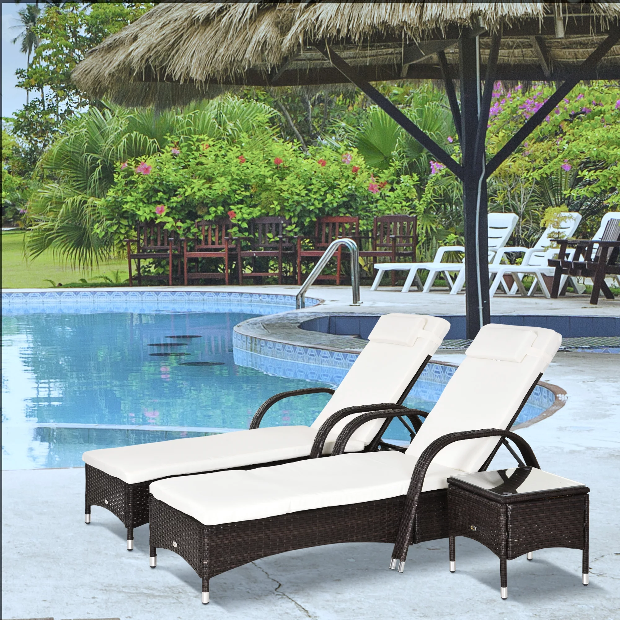 Outsunny Pool Furniture, 2 Lounge Chairs & Table, Wheels, Cushioned, White