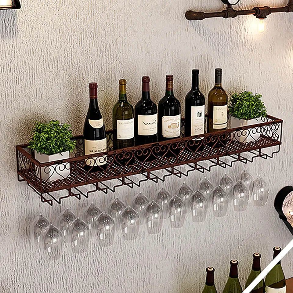 Wall Mount Wine Rack, Industrial Wall Mounted Wine Racks Vintage Bar Floating Shelf, Metal Wine Storage Organizer, Glassware Storage Hanger, Length 60/80/100/120cm, For Kitchen,Living Room,Home ( Colo