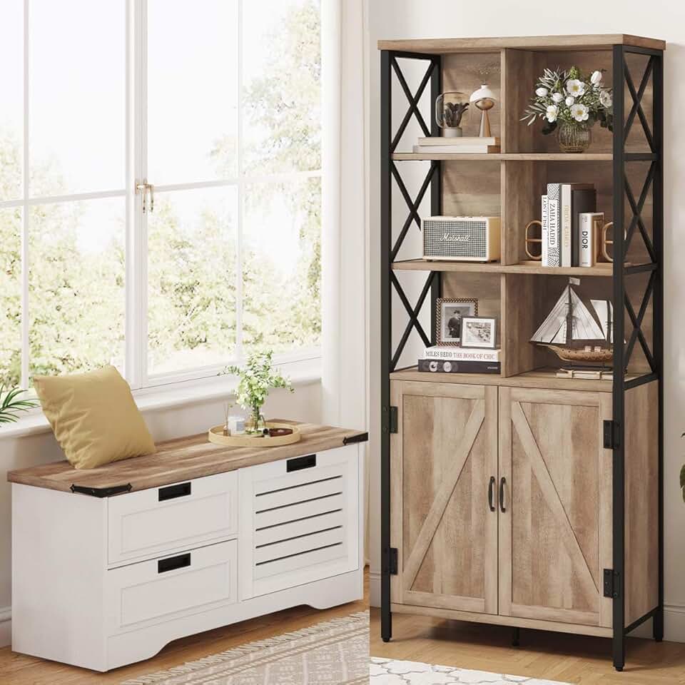 FATORRI Bookcase with Doors and Storage Bench for Entryway Hallway Living Room (Rustic Oak+White Oak)