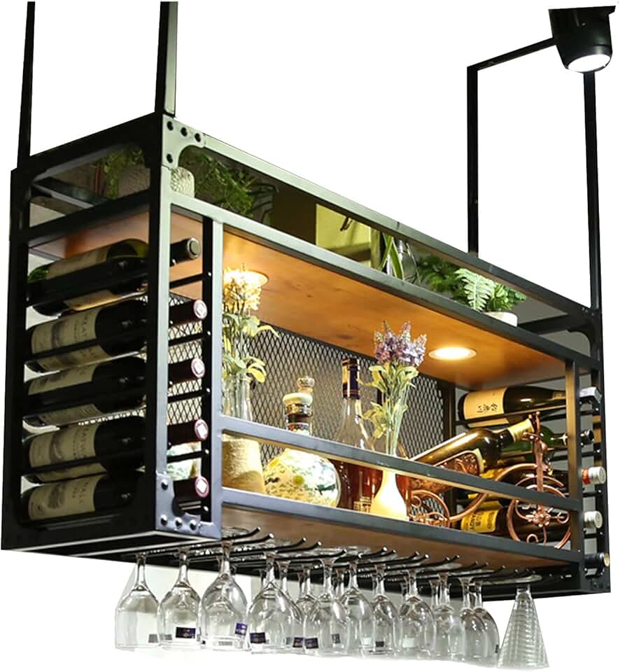 Hanging Wine Rack, Wine Rack Ceiling Wine Racks, Vintage Wine Bottle Holder, Adjustable Display Wine Storage Holder, Champagne Glass Storage Cabinet for Bars Restaurants Kitchens-B