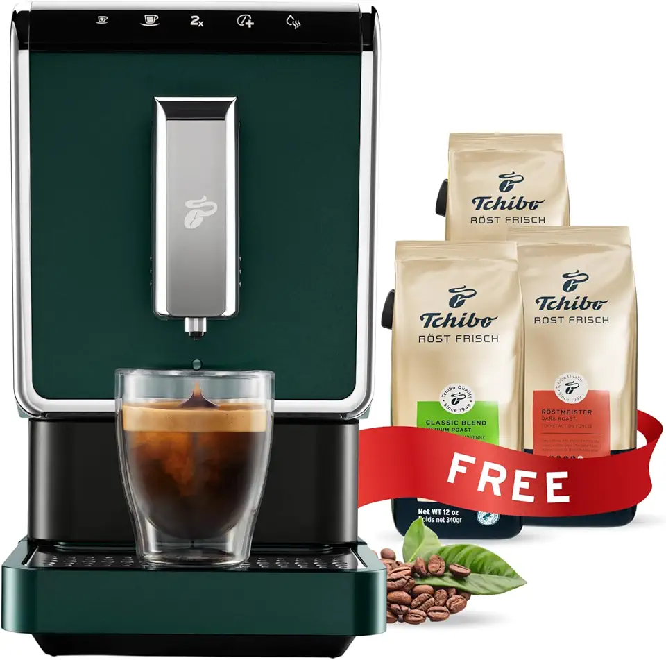 Tchibo Automatic Espresso & Coffee Machine Bundle with Built-in Grinder, Comes With 3 x 12 oz. Bags of Whole Bean Coffee, Green