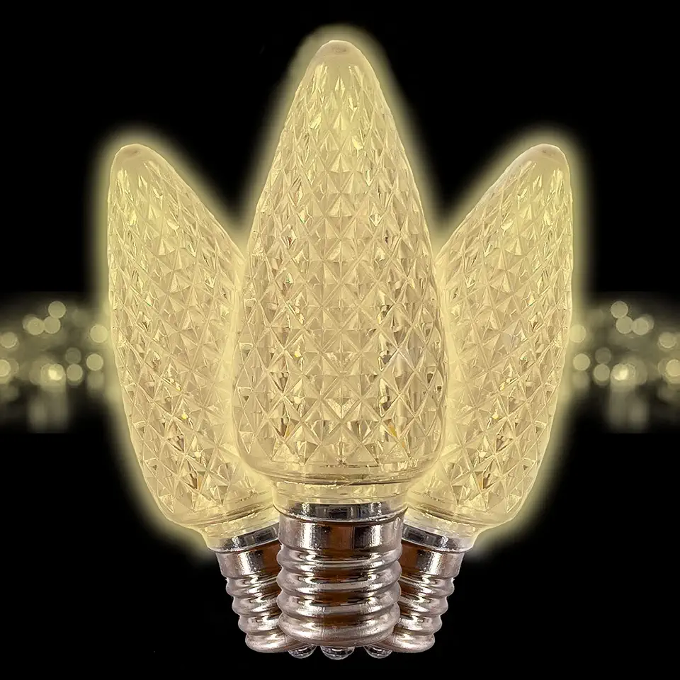 C9 Christmas Lights LED Bulb (Pack of 1000) Soft Warm White Replacement Christmas Light Bulbs Faceted Retrofit Candle Shape Commercial Grade E17 Socket Roof Lights Bulbs