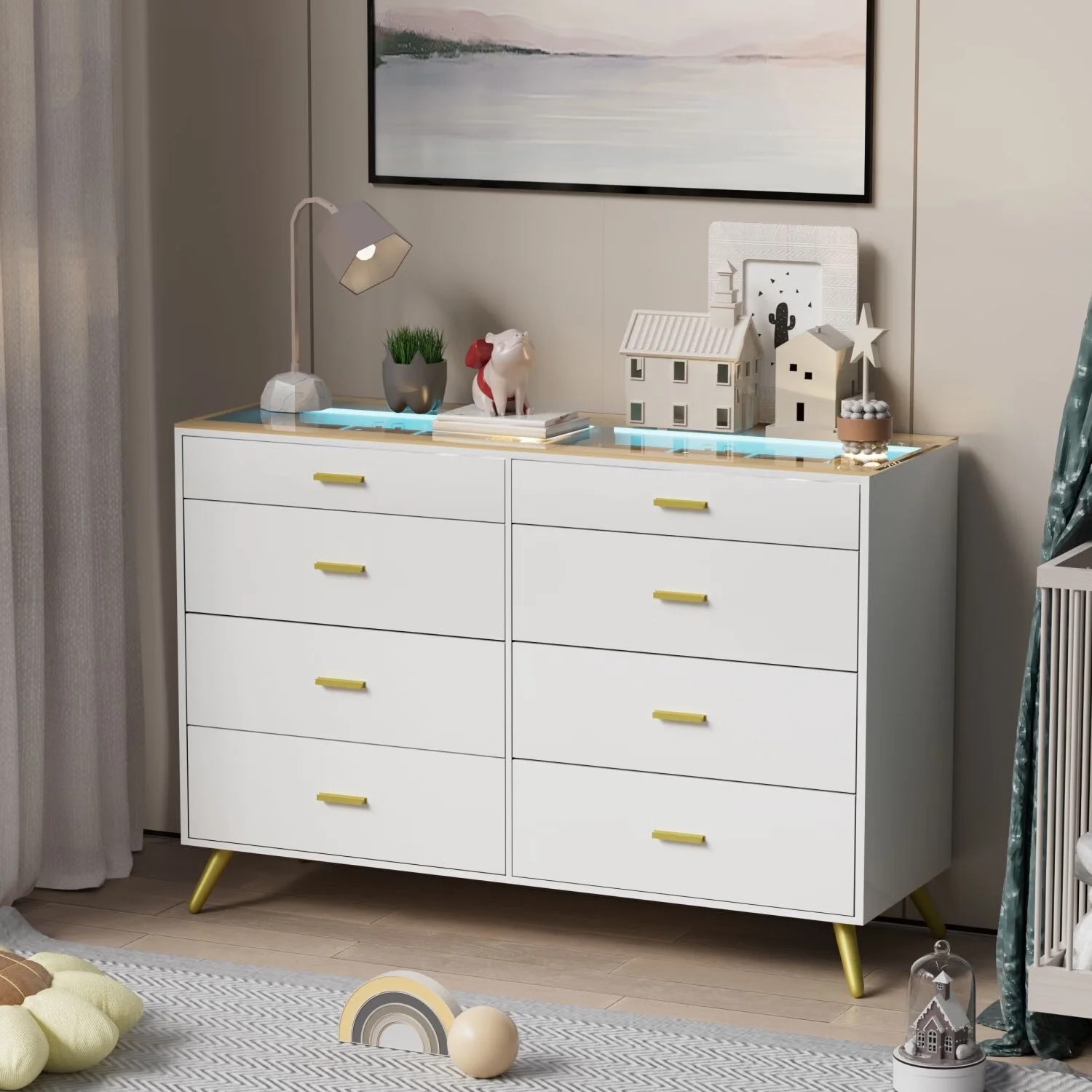 PAKASEPT White Dresser for Bedroom,8 Drawer Dresser,Wide Chest of Drawers with LED Lights,Visual Desktop,Grid Drawer Storage Compartments,Large Capacity Storage Cabinet for Living Room,Entryway