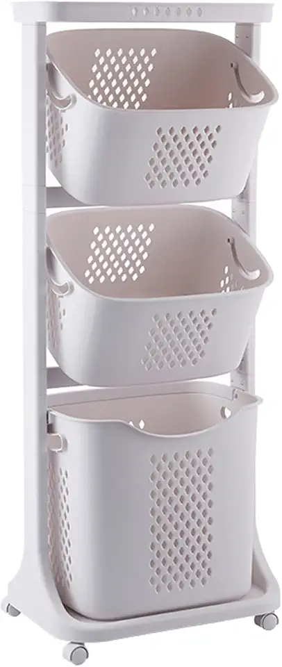 Plastic Rolling Laundry Basket for Bathroom, Kitchen & Laundry Room, Vertical Slim Tall Laundry Sorter Hamper with Wheels & Storage Shelf