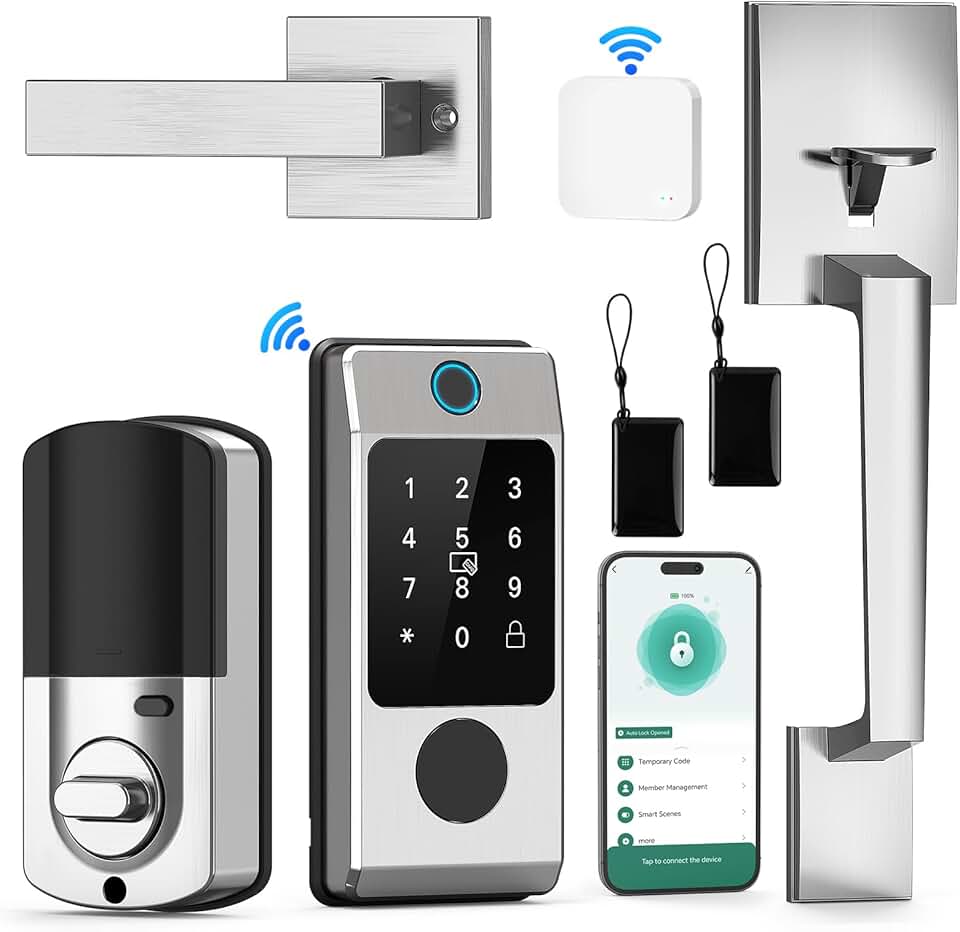 WiFi Smart Locks for Front Door, Miuedo Front Door Lock Sets, Door Handle Sets with Electronic Keypads, Keyless Entry Door Lock, Fingerprint Door Lock, Auto Lock Digital Lock (Silver)