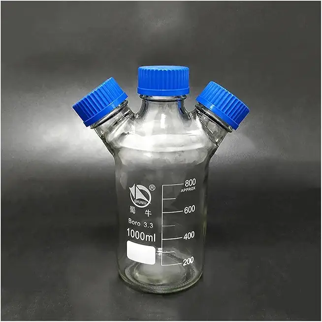 Lab bottle Reagent bottle,With 3 blue screw covers,Borosilicate glass 3.3,Capacity 1000ml,Graduation Sample Vials Plastic Lid with 3 necks