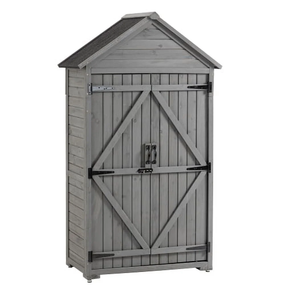 Outdoor Storage Cabinet, Garden Wooden Tool Shed, Outdoor Wooden Shed Cabinet with Shelves and Latch for Patio, Deck, Porch, Garage, Gray