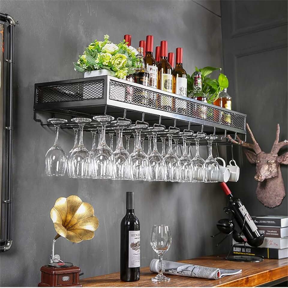 Large Metal Wine Racks,Wall Mounted Whisky Tasting Glasses Holder Dining Storage Holds Any Type of Stemware Glassware Wine Glasses and Flutes Sand