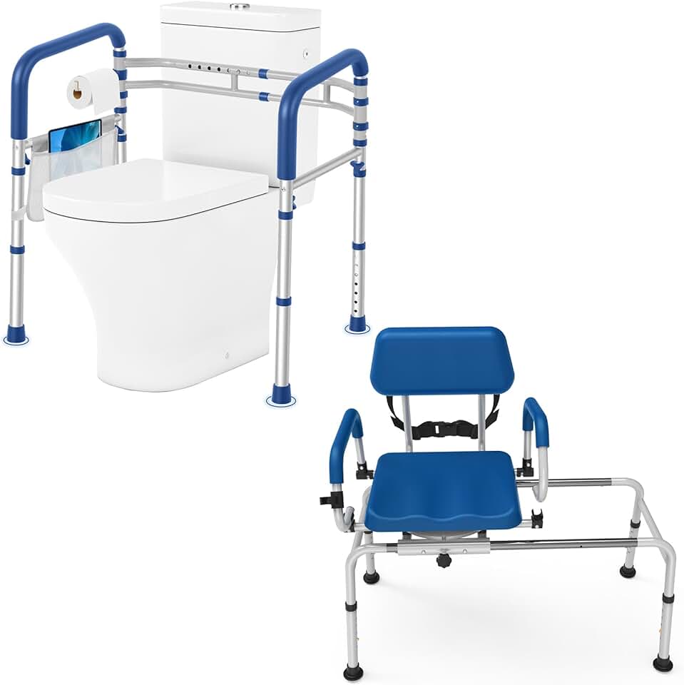 Sliding Shower Chair Tub Transfer Bench+Toilet Safety Rails for Seniors