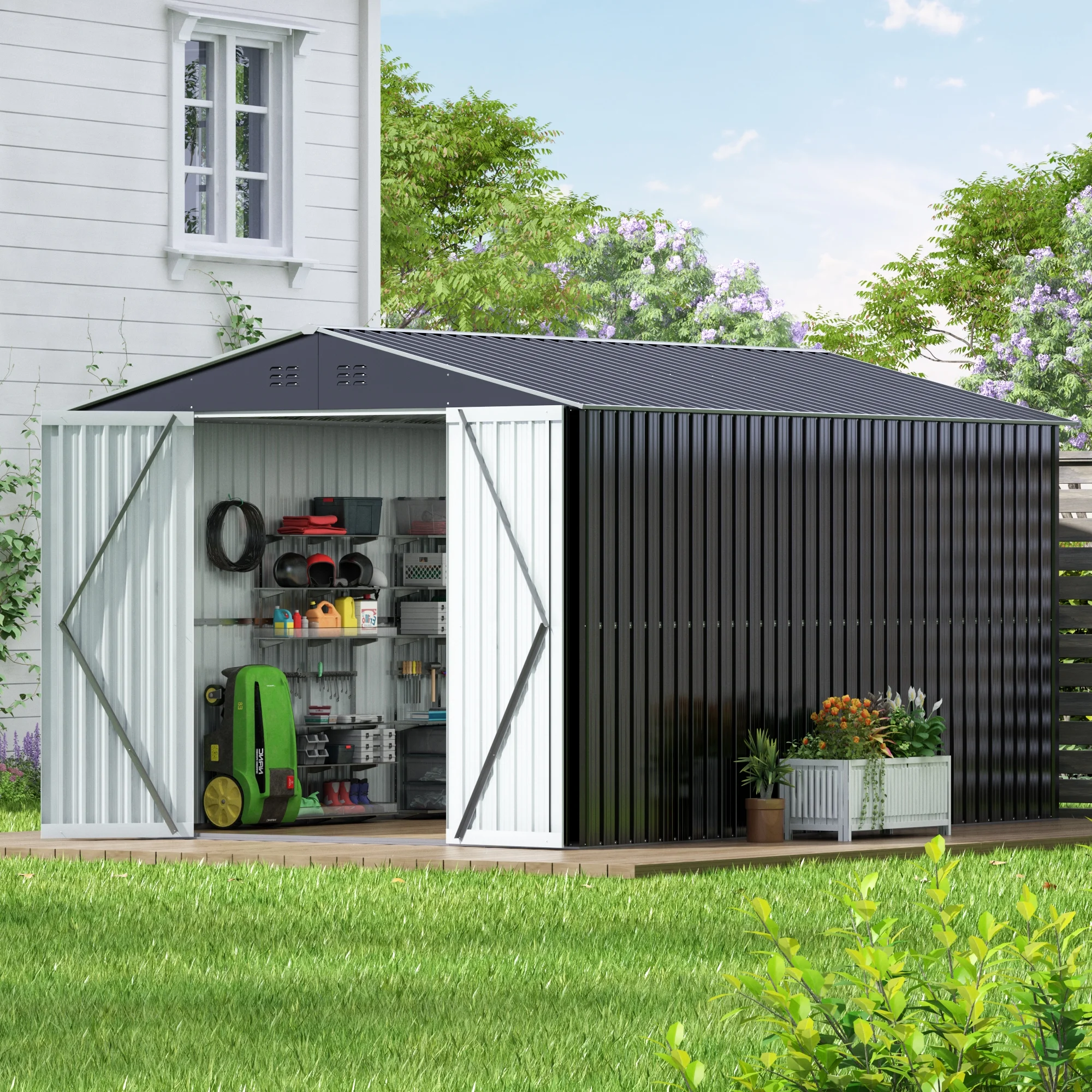 JAXPETY 8' x 12' Outdoor Storage Shed with Lockable Door Sloping Roof Metal Tool Shed for Patio, Backyard, Garden