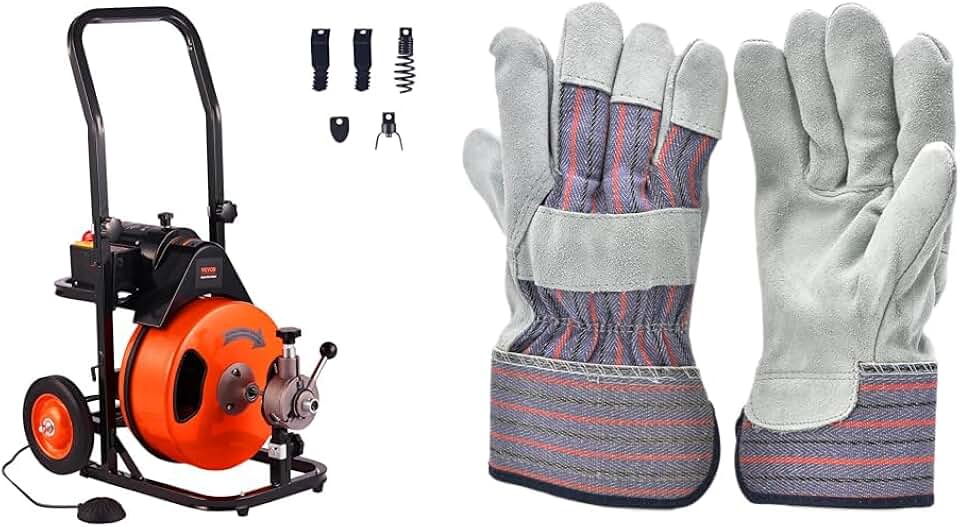 100FT Sewer Snake Machine Drain Auger Cleaner Bundle with G & F Safety Work Gloves (Pack of 5)