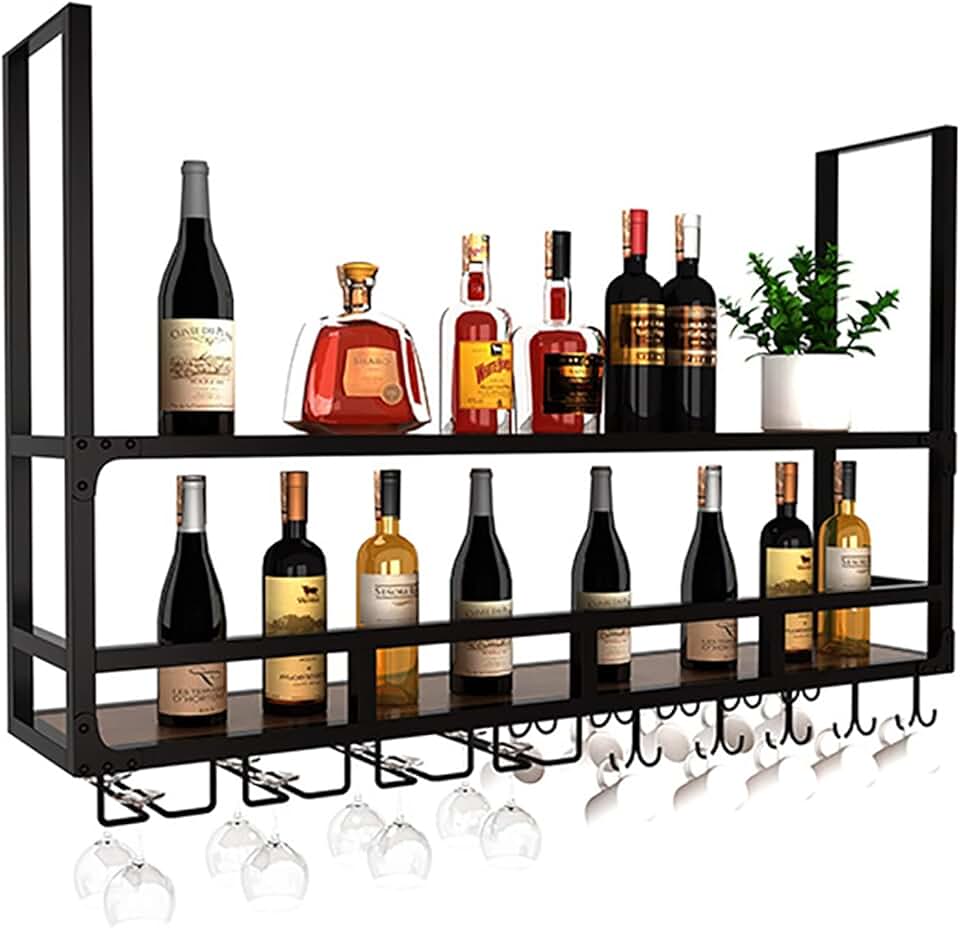 Ceiling Wine Rack, Hanging Wine Rack with Glass Holder and Shelf, Wall-Mounted Wine Racks, Ceiling Mounted Hanging Wine Bottle Holder, Wine Display Shelf for Kitchen Bar Restaurant