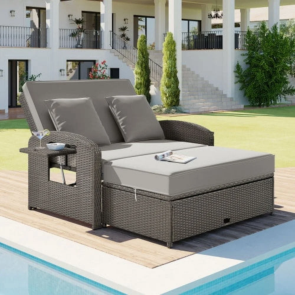 Outdoor Rattan Double Chaise Lounge, 2-Person Reclining Daybed with Adjustable Back and Cup Tray, Sunbed for Garden Yard Patio (Gray/2-Person)