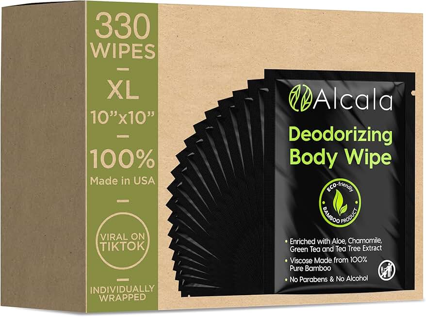 Alcala Deodorizing Body Wipes Individual Shower Wipes 100% Pure Biodegradable Bamboo Wet Wipes with Aloe Tea Tree Adult Body Wipes for Women & Men Ideal for Camping Hiking, Hospitals & Gym (330 Pack)