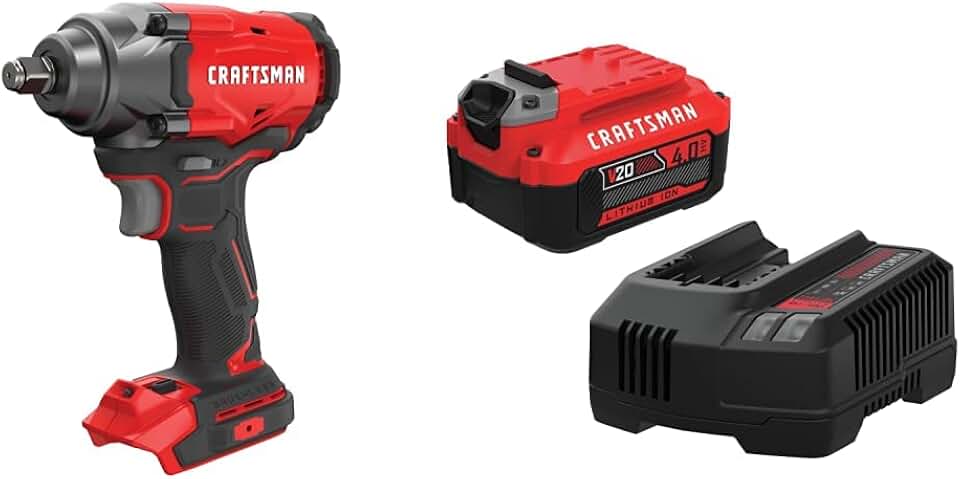 Craftsman V20 Impact Wrench, Cordless, Brushless, 1/2-Inch, Tool-Only w/ V20 Battery, Power Tool Kit, Charger Included, 4.0-Ah (CMCF920B & CMCB204-CK)