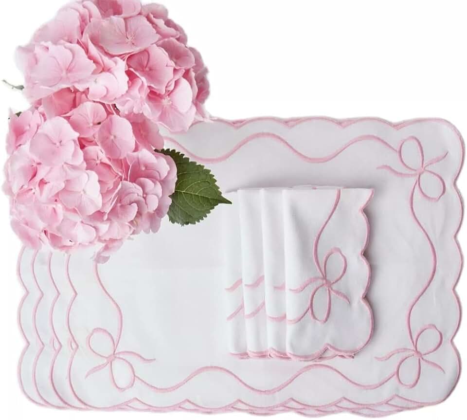 Placemats and Napkins Set of 6 White Embroidered Bow Wedding Decor Tablecloth Placemat