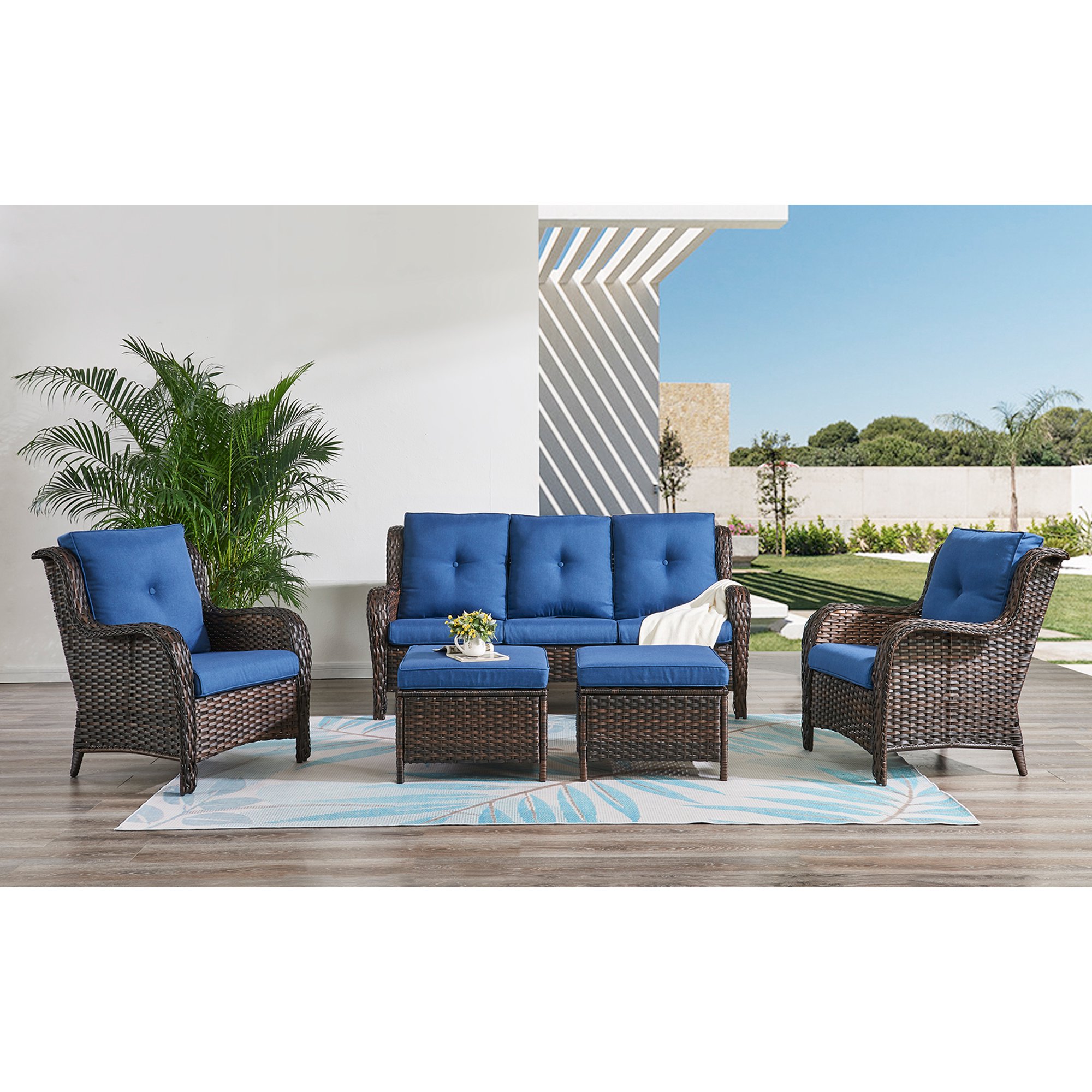 PARKWELL Outdoor Patio Wicker Furniture Set - 5 Piece Sectional Sofa Set with 3-Seat Sofa,2 Chairs and 2 Ottomans,Brown Wicker and Blue Cushion