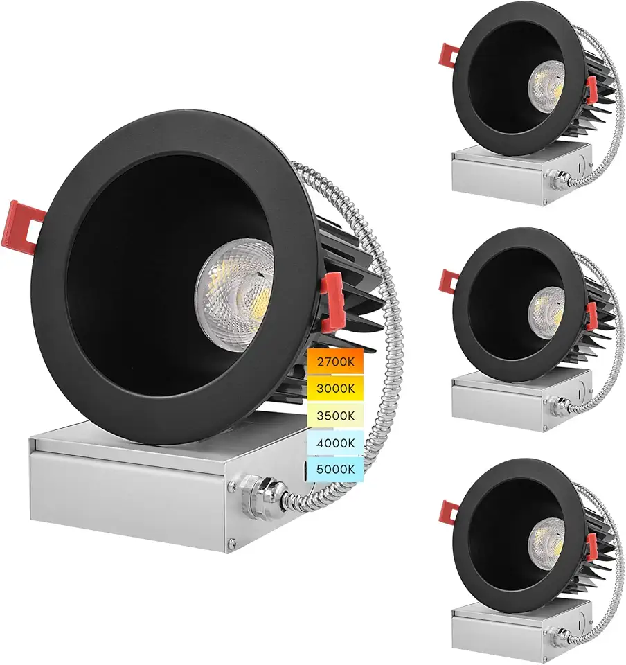 4 Inch LED Recessed Lighting with Junction Box, 18W, CRI 90, 5 Color Selectable 2700K-5000K, 1500 Lumens, Regressed LED Downlight, 40° Beam, Dimmable, Wet Rated, IC Rated - Black (4 Pack)