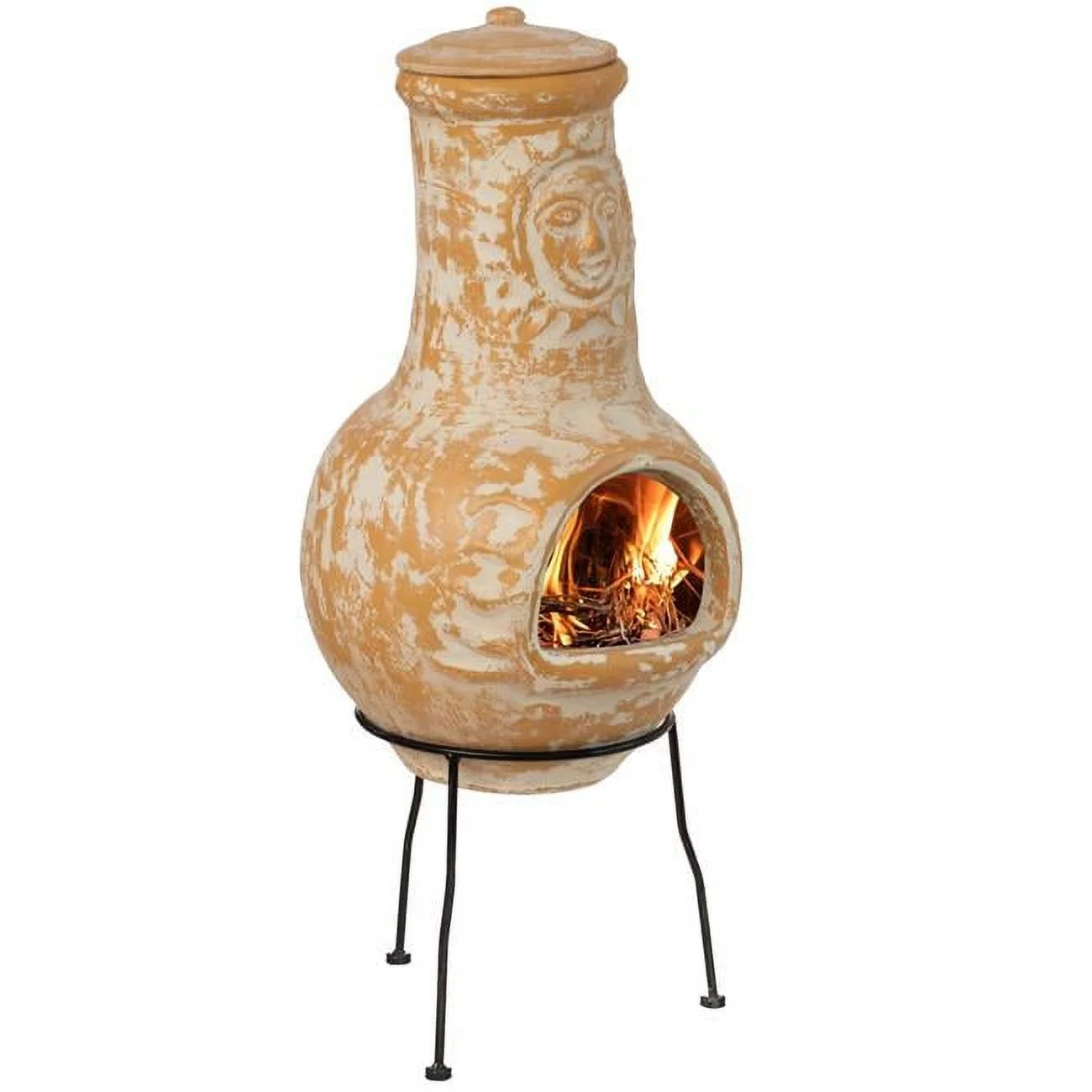 Outdoor Clay Chiminea Fireplace Sun Design Wood Burning Fire Pit with Sturdy Metal Stand, Barbecue, Cocktail Party, Cozy Nights Fire Pit, Terra Cotta