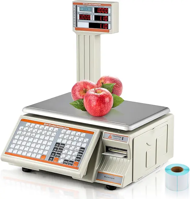 Bonvoisin Label Printing Scale 66lbs Capacity Price Computing Scale Pole Display with Label and Receipt Printer Commercial Barcode Scale for Retail Store, Supermarket and Farm