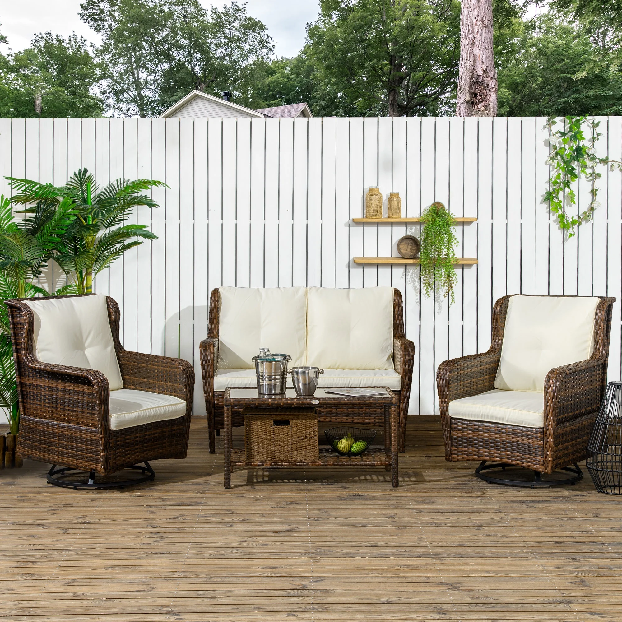 Outsunny Wicker Furniture Set w/ 360Â° Swivel Rocking Chairs, Cream White