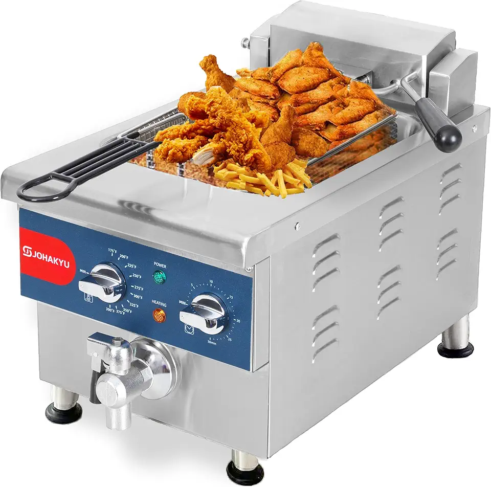 JOHAKYU 13Lbs Commercial Deep Fryer Electric with Easy-assembling Solid Basket, Timer, Drain, Swung Up Fryer Head, 120v 1800w Extra Large 6L Countertop Fryer Stainless Steel
