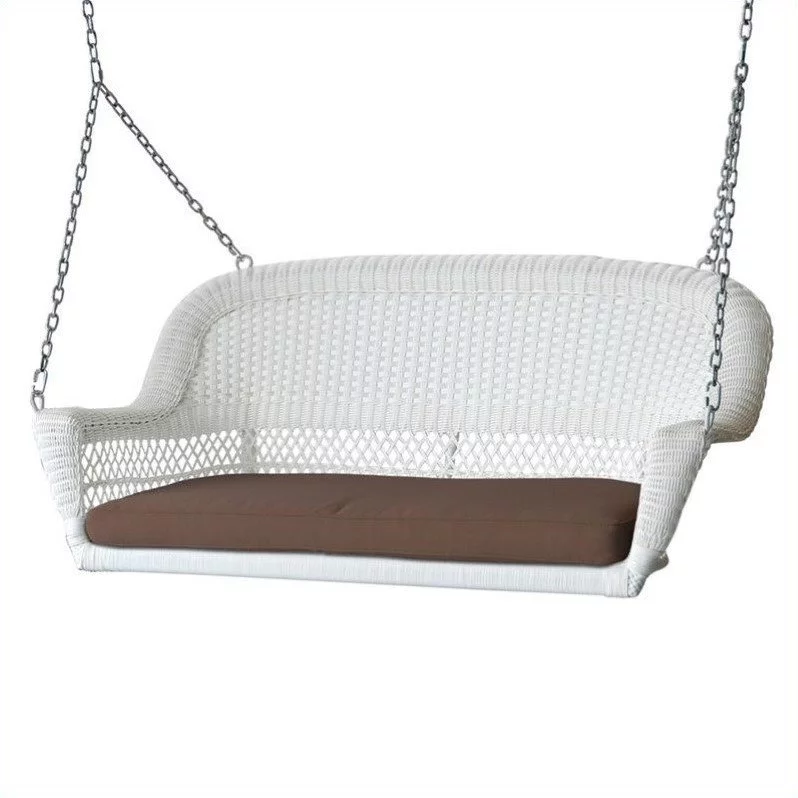 Jeco Wicker Porch Swing in White with Brown Cushion