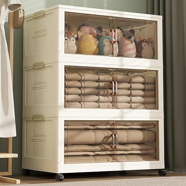 Storage Bins with Lid, 36 Gal Extra Large Collapsible Storage Bins, 3 Packs Stackable Storage Bins with Wheels,Closet Organizers and Storage, Double Door Stackable Storage Bins for Home, Ofiice, Dorm