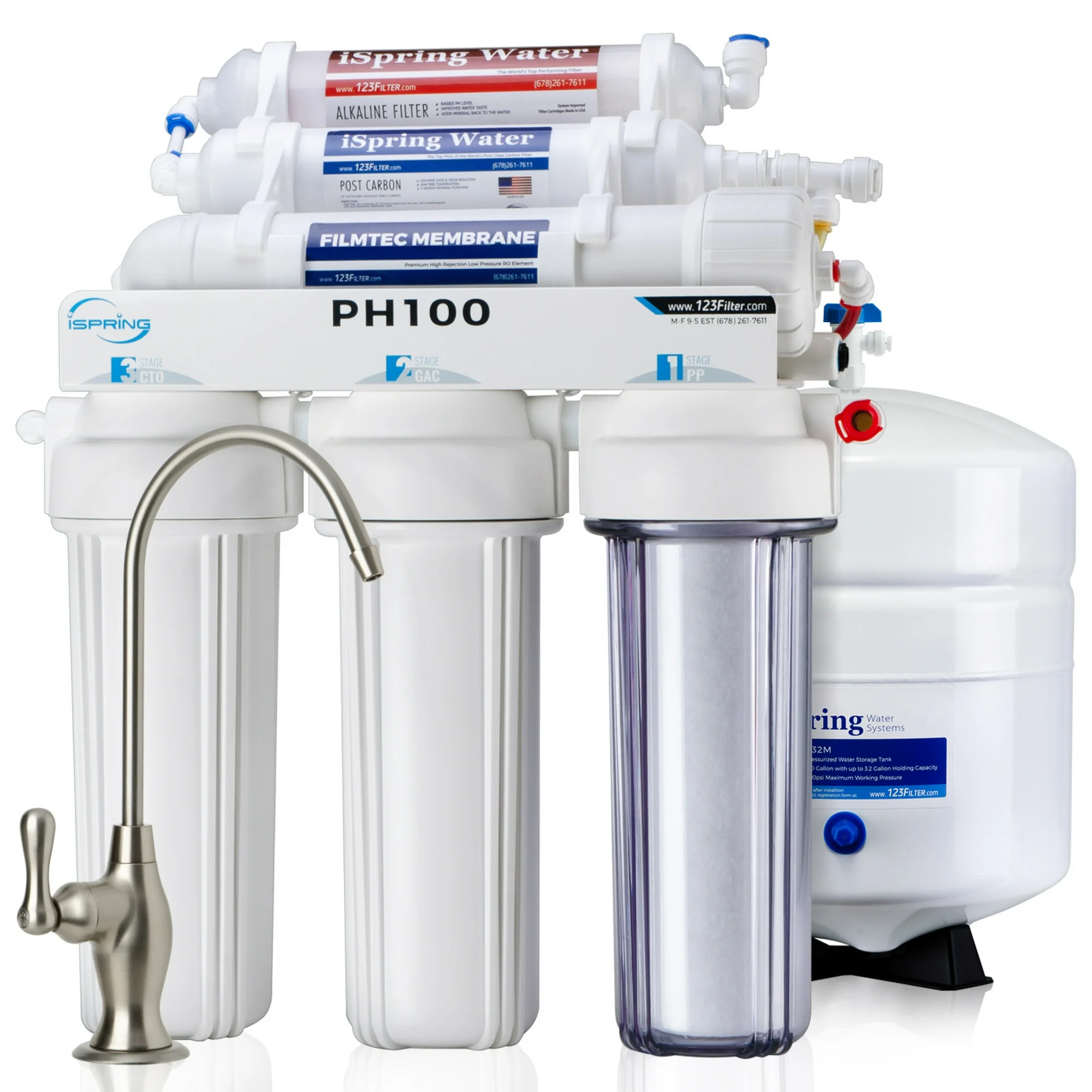 iSpring PH100 pH+ 6-Stage Under Sink Reverse Osmosis RO Drinking Water Filtration System 100 GPD Fast Flow 1:1 Pure to Waste Ratio with Alkaline Remineralization, US Made Filters