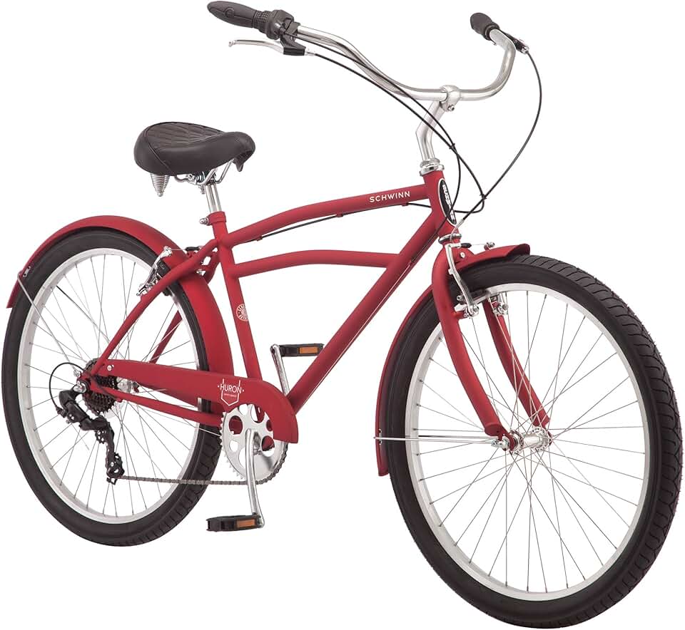 Schwinn Huron Beach Cruiser Bike for Adult Men & Women, 1/3/7-Speed Options, 26-Inch Wheels, 17 or 18-Inch Step-Over Steel Frame, Full Front & Rear Fenders, Vintage Inspired Classic Cruiser Handlebar
