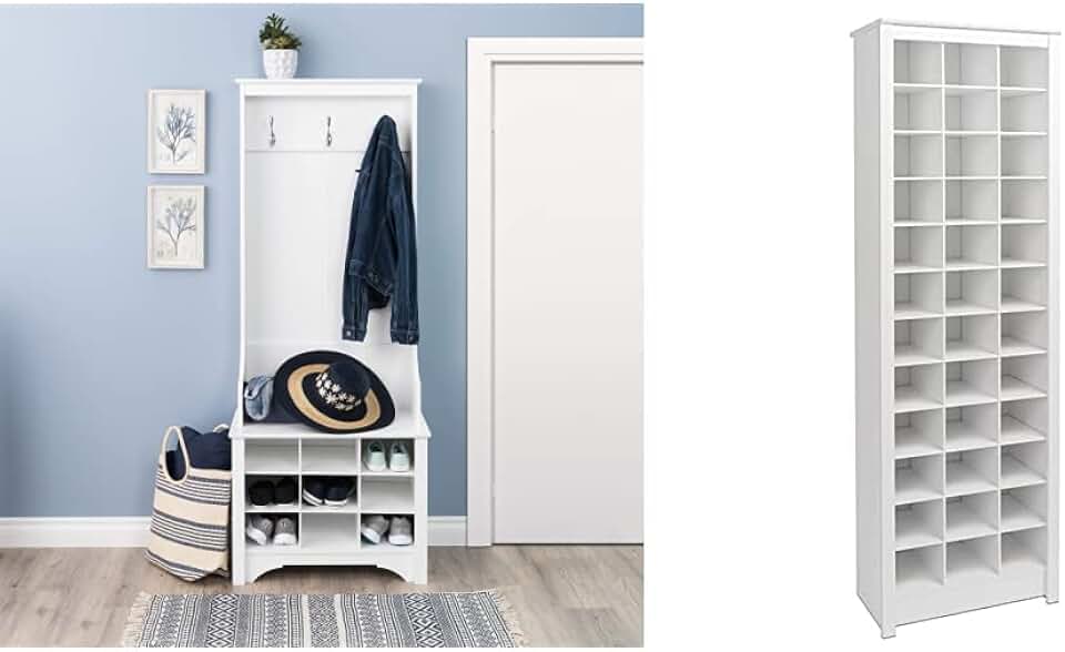 Prepac Narrow Hall Tree with 9 Shoe Cubbies, White & Space-Saving 36 Pair Shoe Storage Cabinet With Cubbies, 13