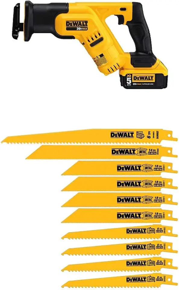 DEWALT DCS387P1 20-volt MAX Lithium Ion Compact Reciprocating Saw Kit with DEWALT DW4898 Bi-Metal Reciprocating Saw Blade Set with Case, 10-Piece