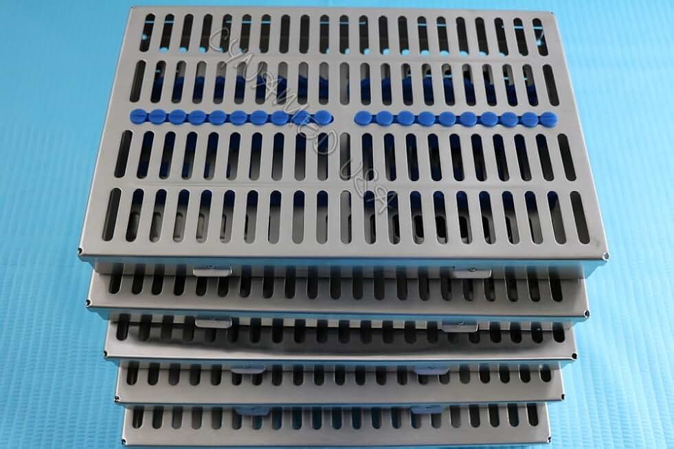 German Steel Set of 5 Each Dental Autoclave Sterilization Cassette Rack Box Tray for 20 Instrument