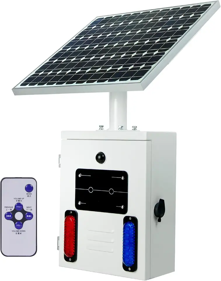 Solar Motion Sensor Alarm Siren Outdoor Waterproof Motion Detector Sirens with Red and Blue Strobe Light, 120dB Horn 17 Tones Adjustable Microwave Infrared Induction Alarm System SLA-TYN01