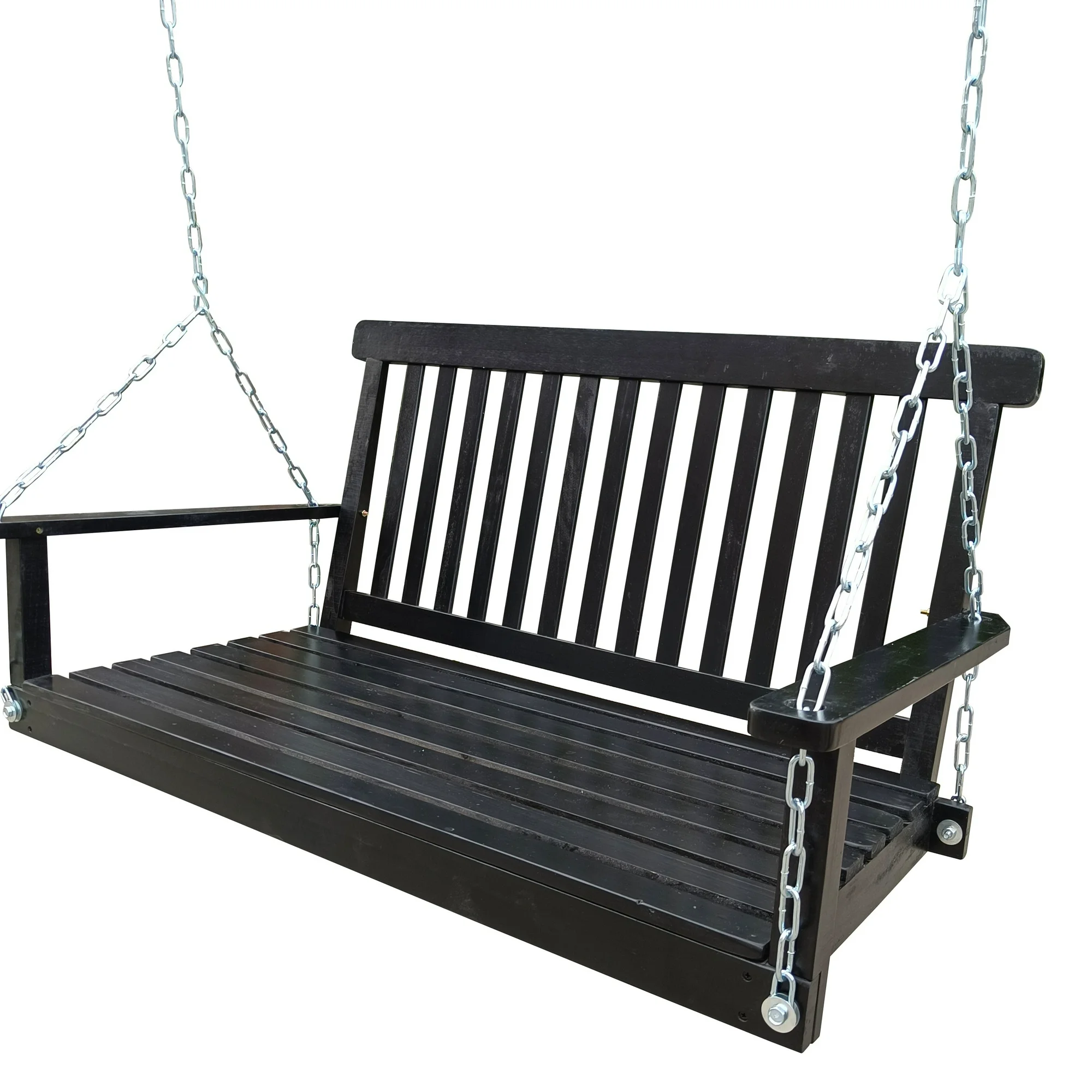 Outdoor Front Porch Swing, Wood Bench Swing with Armrests and Hanging Chains Black
