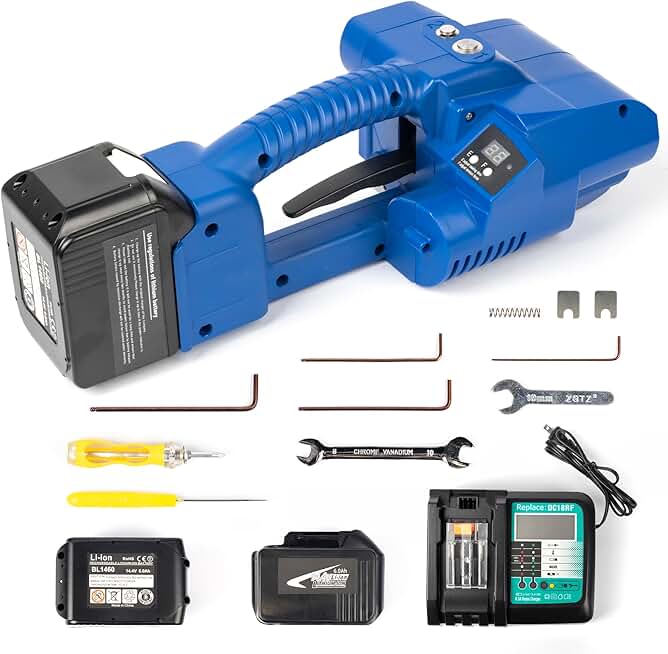 U.S. SOLID Electric Strapping Machine with 2pcs 6000mah Battery Powered and LCD Screen for 0.35-0.63 in PP PET Straps Automatic Banding Machine for Box Pallet