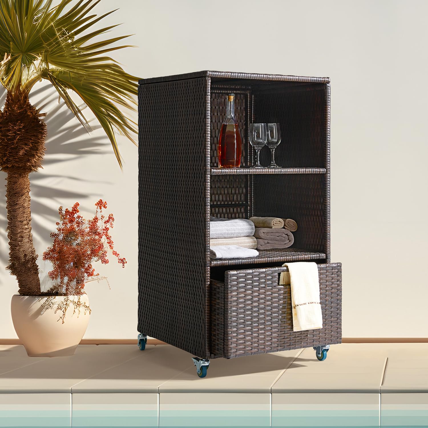 Outdoor Pool Towel Storage Cabinet Organizer Pool Towel Valet Rack with Storage Shelves & Drawer Patio Wicker Pool Towel Holder with Rolling Wheels Poolside Towel Caddy w/Cover for Hot Tub Spa Brown