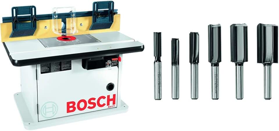 BOSCH Cabinet Style Router Table RA1171, Blue&BOSCH 6 pc. Carbide-Tipped Groove Cutter Router Bit Set