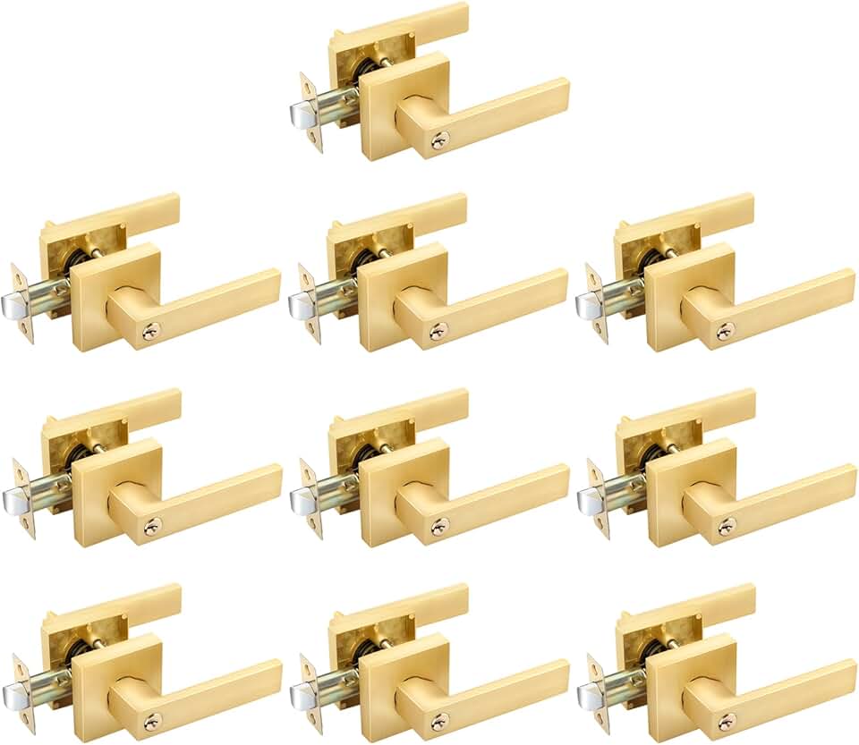 EHOMEWARE 10 Pack Gold Entry Door Levers with Keys Exterior Door Handles in Satin Brass Finish, Bedroom Bathroom Interior Door Handles & Front Exterior Door Levers, Contractor Pack